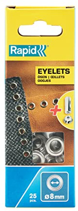 Rapid Ösen 8 mm, 25 Stk. Set inkl. Einschlagwerkzeug | Mit Einschlagwerkzeug; 8 mm Durchmesser; 25 Stück; Silber; aus Stahl; für DIY Projekte; Verzieren von Kleidung & Stoffen
