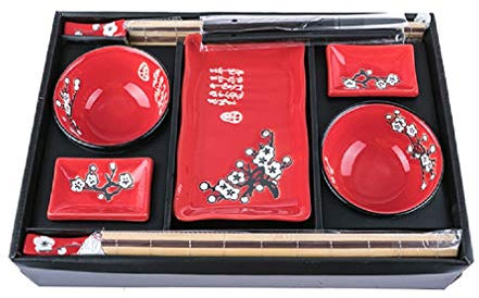 lachineuse - Vajilla Japonesa con diseño de Flor de Cerezo roja - Vajilla Japonesa - Cuencos de arroz, Platos, Palillos, cacerolas y esterillas de bambú para 2 Personas - Regalo de Japón y Asia