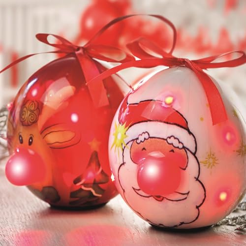 2er Set Weihnachtsbaum Kugeln mit blinkendem LED Licht Weihnachtsmann und Rentier Red Node Rudolph und rotem Aufhängeband mit 80 mm Durchmesser Christbaum X-Mas Weihnacht