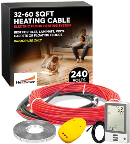 Floor Heating Cable 240V - 32-60 Sqft Heated Floor System, Underfloor Electric Heat Cable Warmer, Radiant Heated Flooring System for Tile with 7-Day/4 Event Programmable GFCI Thermostat, Made in USA