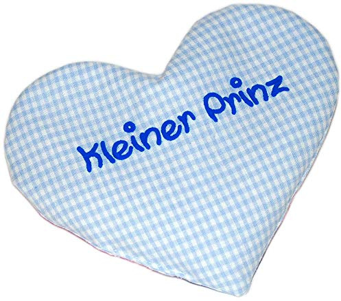 Cuscino a forma di cuore con scritta in lingua tedesca Piccolo Principe celeste a quadretti celeste cuscino riscaldante, per nascita o battesimo