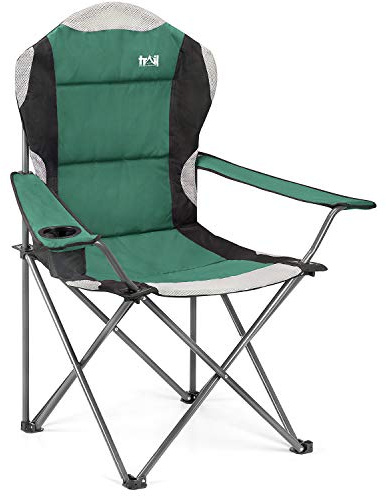 Trail Kestrel High Back Camping Chair, Green | Padded Seat & Backrest, Breathable Mesh Panels, Cup Holder Armrest, Tubular Steel Frame, Carry Bag Included, 120kg Capacity