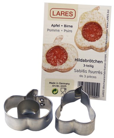 LARES Hildabrötchenausstecher aus Weißblech - ideal für Kekse, Plätzchen oder Fondant - 3-teilig - Motiv: Apfel-Birne - Ø ca. 5 cm, H: ca. 1,7 cm - Made in Germany