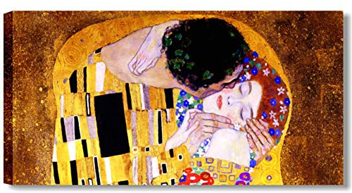 Quadri L&C ITALIA Quadro Il Bacio di Klimt per Camera da Letto e Soggiorno 90x45 Stampa su Tela Canvas Abbraccio Amanti Riproduzione Autori Famosi Capezzale Orizzontale Grande