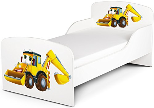 Leomark Barnsäng i trä med skummadrass ||140 x 70 cm|| Vit säng, Tema: Grävmaskin, Juniorsäng med Ribbotten, enkelsäng, sängram, sovrum, barnrum, UV - tryck, komplett set