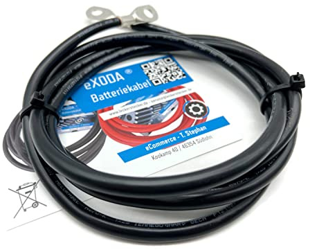 Exoda Batteriekabel 25 mm² 200cm mit M10 Kabelschuhen für KFZ Boot Motorrad | Verwendungszweck, Länge 200 cm, Querschnitt 25 mm², M10 Kabelschuhe, hitzebeständig bis 70°C, deutsche Qualitätsstandards