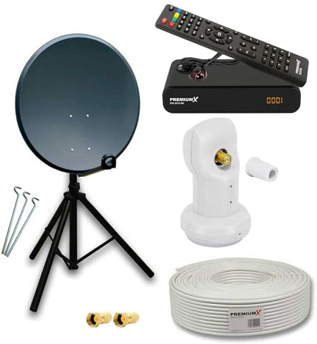 PremiumX Satelliten-Komplettanlage 80cm Satellitenschüssel ALU Anthrazit Single LNB Dreibein-Stativ Kabel HD TV SAT Receiver