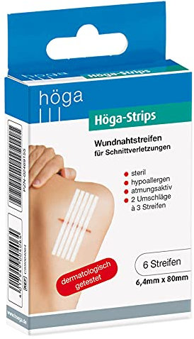 Höga Strips Wundnahtstreifen, 6.4 x 80 mm, 2 Umschläge á 3 Streifen, steril, hypoallergen, atmungsaktiv, Wundnahtstreifen für Schnittverletzungen