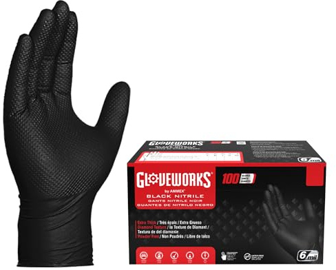 GLOVEWORKS HD Nitrile Disposable Gloves, 6Mil, Latex and Powder-Free, Food-Safe, Ideal for Industrial, Home, and Automotive Use, Diamond Texture Grip, Black, X-Large, Box of 100