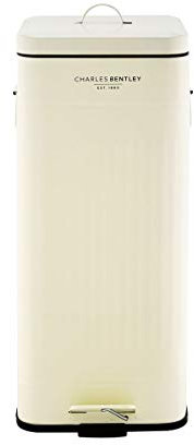 CHARLES BENTLEY Kitchen Bin, 30 Litre, Steel, Square, Retro Style, Kitchen Pedal Waste Bin, Cream, Contemporary, Aesthetic, Convenient, Side And Lid Handles, Inner Bucket, Easy Emptying (67x27cm)
