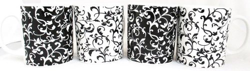 fromeuropewithlove Venetian Black and White Mugs Set of 4 Porcelain Venetian Mugs Hand Decorated in the UK FREE UK Delivery