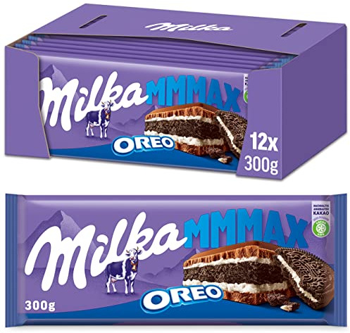 Milka OREO Schokoladentafel – 12 x 300 g – Großtafel, Zarte Milka Alpenmilch Schokolade mit knusprigem OREO Keks