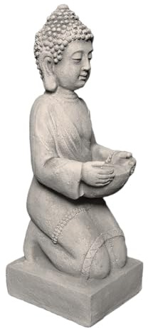 gartendekoparadies.de Buddha Statue auf einem Podest, Steinfigur aus Steinguss, Weißbeton, Frostsicher für Außenbereich, H. 43 cm, 9 kg (Grau)