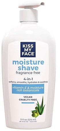 Kiss My Face Fragrance Free Moisture Shave, 4 In 1 Shaving Cream, Cruelty Free And Vegan, With Added Olive Oil And Aloe Leaf Extract, Vitamin E Rich, 11 fl Oz Pump Bottle