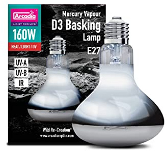 Arcadia Mercury Vapour D3 UV Basking Lampe 160W. Vollspektrum-UVA-Reptilien-Wärmelampe für Bartagamen, Schildkröten, Reptilien & Wasserschildkröten für Terrarium & Vivarium