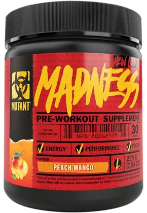Mutant Madness | Pre Workout Powder Supplement Performance and Pump Blend Includes L-Citrulline, Beta-Alanine, Taurine, L-Tyrosine | 30 Serving | Peach Mango
