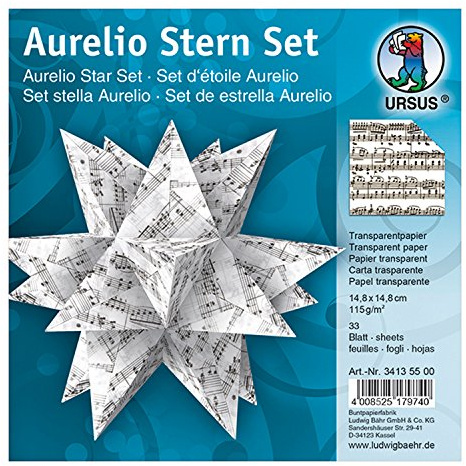 Ursus 34135500 - Faltblätter Aurelio Stern Noten, schwarz, 33 Blatt, aus Transpatentpapier 115 g/qm, ca. 14,8 x 14,8 cm, einseitig bedruckt, ideal als Weihnachtsdeko