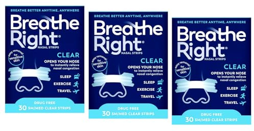 Breathe Right Nasal Strips, Clear, Drug-Free Snoring Relief, Opens Nasal Passages for Better Breathing, 30 ct (Pack of 3)