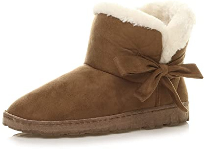 AJVANI Womens ladies bow pull on comfort faux sheepskin fur lined winter ankle boots slippers indoor booties size