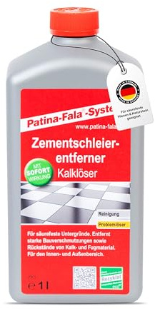 Patina-Fala® Zementschleierentferner 1L Extrem Stark – Entfernt Zementschleier, Fugenreste & Bauverschmutzungen – Fliesenreiniger & Naturstein geeignet – Für säurefeste Untergründe – Made in Germany
