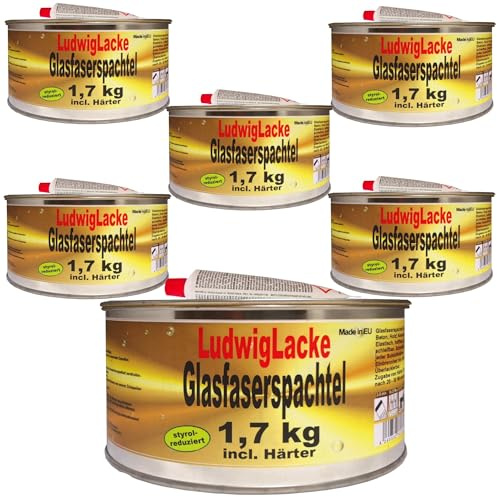 LudwigLacke Glasfaserspachtel 6 x 1,7 kg – Glasfaser Reparaturspachtel für Auto, GFK, Karosserie, Boot, Holz & Metall – inkl. Härter