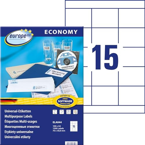 Europe100 Art. ELA044 adressdekal (1 500 självhäftande etiketter, 70 x 50,8 mm på A4, matt papper, individuellt tryckbart, självhäftande adressetiketter, kompatibel med AVERY 3669) 100 ark, vit