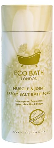 Eco Bath London Muscle & Joint Epsom Salt Bath Soak - Tube 1kg, Magnesium Bath Salts Infused with Lemongrass, Peppermint, Eucalyptus, and Black Pepper Essential Oils,Bath Salt for Recovery