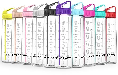 HYDRATE Daily Water Bottle with Straw - 900ml - BPA-Free, Leak-Proof Purple Water Bottle with Time Markings, Flip Cap, Strong Material, Drop-Proof, for Gym, School, Office, Sports, Outdoor Use