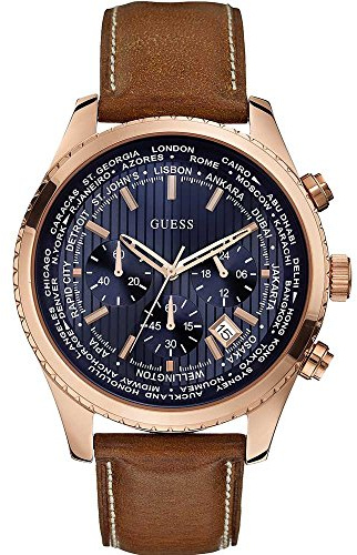 Guess Watch W0500G1 Herren-Armbanduhr Chronograph – braunes Lederarmband – blaues Zifferblatt