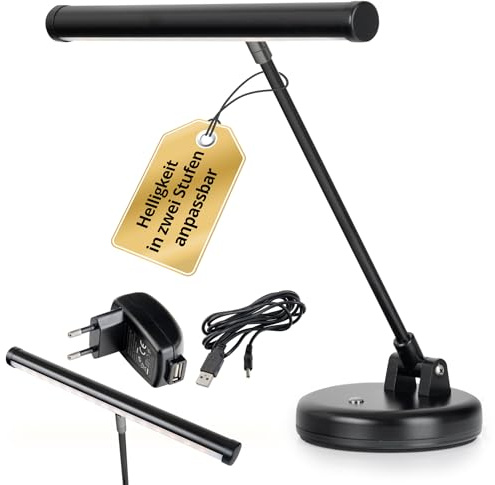 Showlite PL-1-BK-KW Lampe de Piano LED - Lampe de piano avec 15 LEDs - lumière blanc froid en 2 niveaux - hauteur 36 cm - alimentation par USB, secteur ou piles - noire