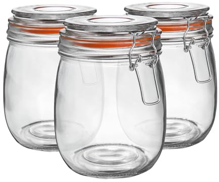 Argon Tableware Glass Jars with Airtight Metal Clip Lid - 750ml/26.4oz - 6 Pack - 4 Colour Seals - Kitchen Container Round Preserving Jar for Pickling, Chutney, Jam, Coffee