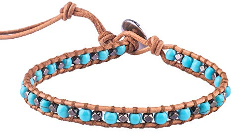 KELITCH Minimalistisch Damen Perlen Wrap Armband Natürliche Leder Einstellbare Kristall Perlen Strang Armbänder