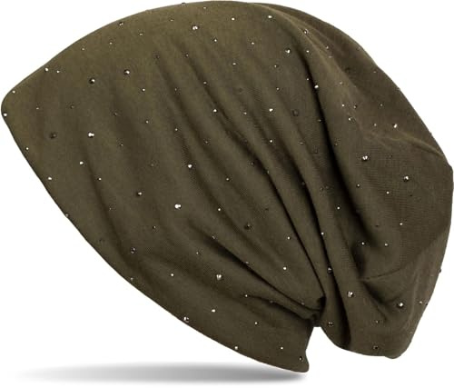 styleBREAKER dammössa dekorerad med eleganta strasstenar, lång beanie, 04024037, oliv, En Storlek