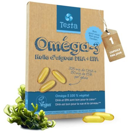 Omega 3 Vegan - Huile d'Algue haute concentration - 300 mg DHA + 150 mg EPA par capsule - Bénéfique pour le Cœur, le Cerveau et les Yeux - 100% Végétal - 60 capsules (2 Mois)