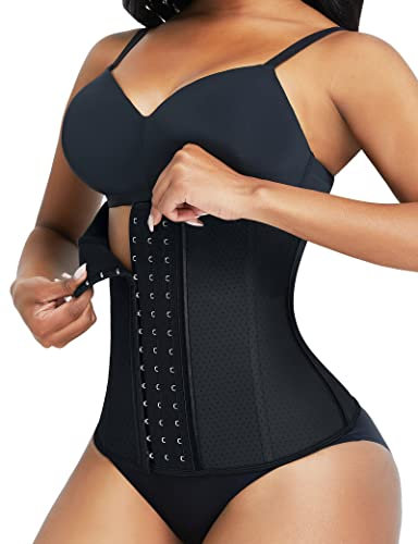 FeelinGirl Damen Trainer Korsett Atmungsaktiv mit Stanzung Taillenmieder 3-reihige Haken Unterbrust Cincher mit 9 Stahlknochen Latex Waist Shapewear Schwarz L