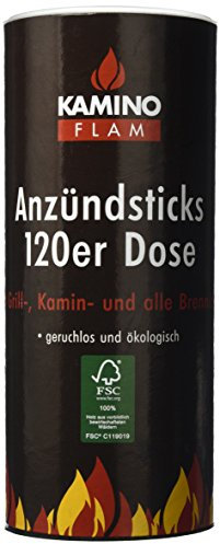 Kamino-Flam Anzündsticks - 120 Anzünder in handlichen Dose - Feuersticks brennen 5-6 Minuten - Anzündscheit für Grill / Kamin / Ofen - Anzündbrikettsticks geruchlos & ökologisch - Kaminanzünder
