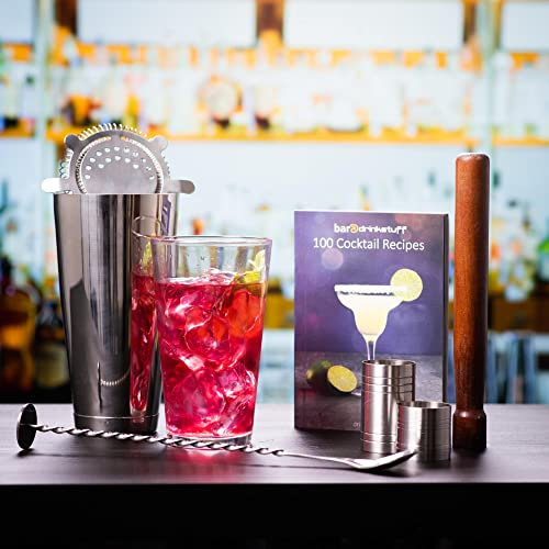 Luxury Home Cocktail Set with Book by bar@drinkstuff | Cocktail Gift Set with Boston Cocktail Shaker Tin & Glass, Cocktail Book, Hawthorne Cocktail Strainer, Muddler, Twisted Mixing Spoon, 25ml & 50ml Thimble Bar Measure