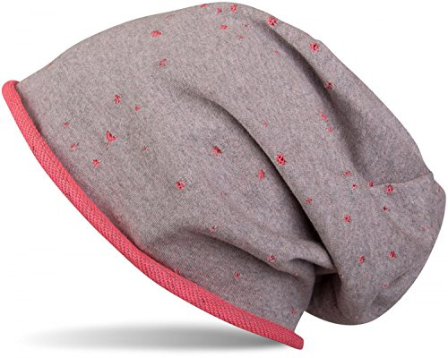 styleBREAKER Unisex Stoff Beanie Mütze mit Vintage Löcher und Rollrand im Destroyed Used Look, Longbeanie 04024052, Farbe:Grau-Koralle