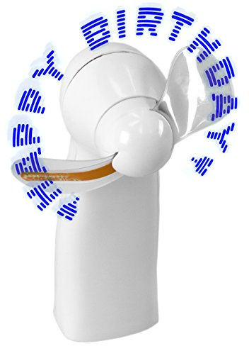 LED Ventilator Happy Birthday mit 11 Blauen LED, Handventilator, Leuchtventilator, Weißes Gehäuse mit Schwarzer Trageschnur