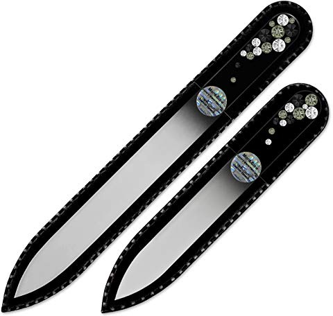 Mont Bleu Lot de 2 limes à ongles en verre, décorée à la main d’éléments Swarovski, pochette en velours noir | Véritable verre trempé tchèque, garantie à vie, Lime à ongles fait main en cristal