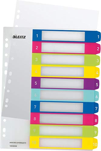 Leitz Register für A4, 10er Pack, PC-beschriftbares Deckblatt und 10 Trennblätter, Taben mit Zahlenaufdruck 1-10, Überbreite, Mehrfarbig, Polypropylen, WOW, 12430000