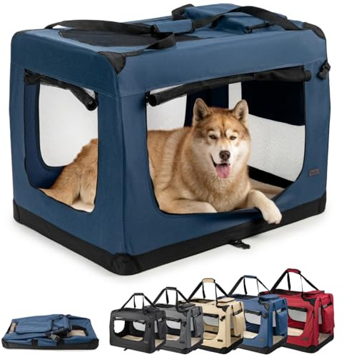 lionto Hundtransportbur vikbar för resor och bil, 101 x 69 x 70 cm, stabil transportlåda med bärhandtag och filt för katter och hundar upp till 25 kg, robust hundlåda av tyg för små och stora, mörkblå