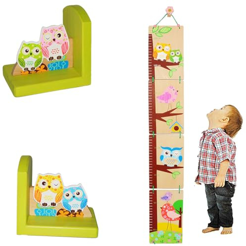 alles-meine.de GmbH 3 TLG. Set: 3-D Meßlatte + 2 Stück Buchstützen - aus Holz - lustige Eule - Messlatte zum Klappen/Falten - von 80 cm bis 155 cm - Kinderzimmer für Kinder..