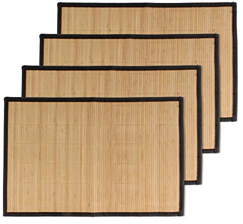 BambooMN Bamboo Slats Placemat with Fabric Border - Solid Colour Print - 17.5 x 12 - Brown with Black Border, 4 pcs