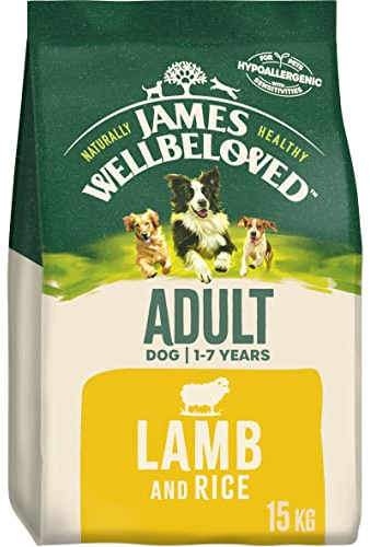 James Wellbeloved allergivänligt hundfoder för vuxna, 100% naturliga ingredienser, en källa till animaliskt protein (lamm) och ris, 15 kg (förpackningen kan variera)