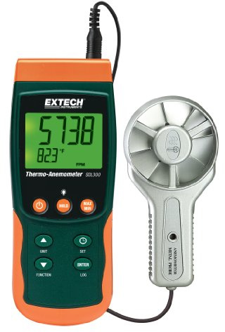 Extech Thermo-Anemometer/Datenlogger mit Metallflügelrad, 1 Stück, SDL300 | Luftgeschw. bis 6900ft/min, Temp bis 158F, Typ K/J-Eingang, LCD 9999 Zähler, SD-Excel, Flügel 2,8Zoll
