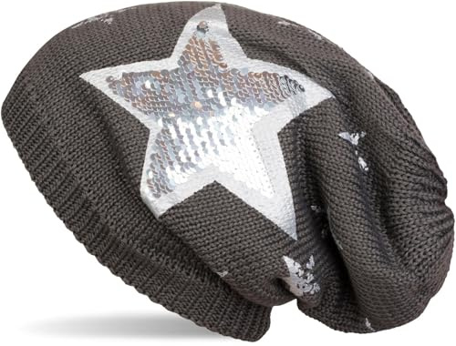styleBREAKER Damen Beanie Pailletten Stern Fleece Futter 61cm | Thermo Inlay. elastischer Bund. Bundweite 19cm. Höhe 27cm. Einheitsgröße. winterfest. weiche Haptik.