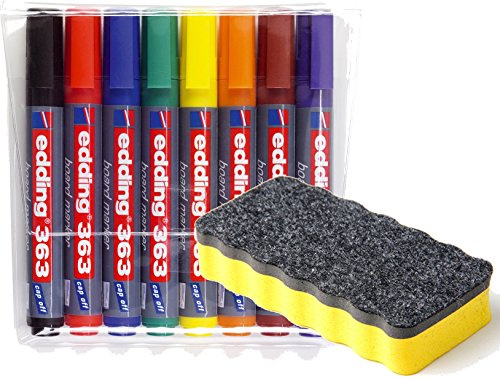 edding 363 Boardmarker (Keilspitze), 8-stück farblich sortiert + Löscher Gelb