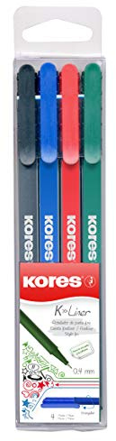 Kores - K-Liner : Feutres Fins de Couleur avec Pointe Fine de 0,4 mm pour l'Écriture, les Croquis et le Dessin, Pointe Gainée de Métal, Forme Triangulaire Ergonomique, Paquet de 4 Couleurs Assorties