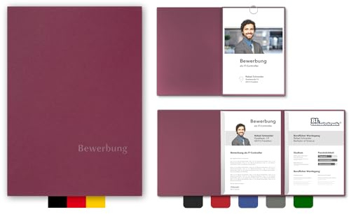 5 Stück 3-teilige Bewerbungsmappen BL-exclusivdruck® OPTIMA in Granatrot - Premium-Qualität mit edler Relief-Prägung 'Bewerbung' - Produkt-Design von 'Mario Lemani'